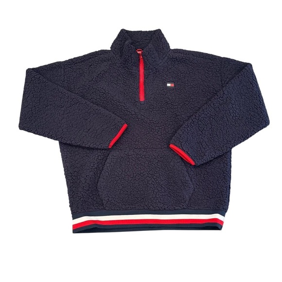 Tommy Hilfiger Sweaters - Tommy Hilfiger Sport Sherpa Fleece Quarter Zip Pullover Navy Red Trim L/G